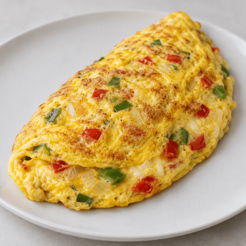 Düz bir tabakta servis edilen, içinde kırmızı ve yeşil biber, soğan parçaları ve yumuşamış açık renkli peynir görünen, kalın ve katlanmış altın sarısı bir omlet.