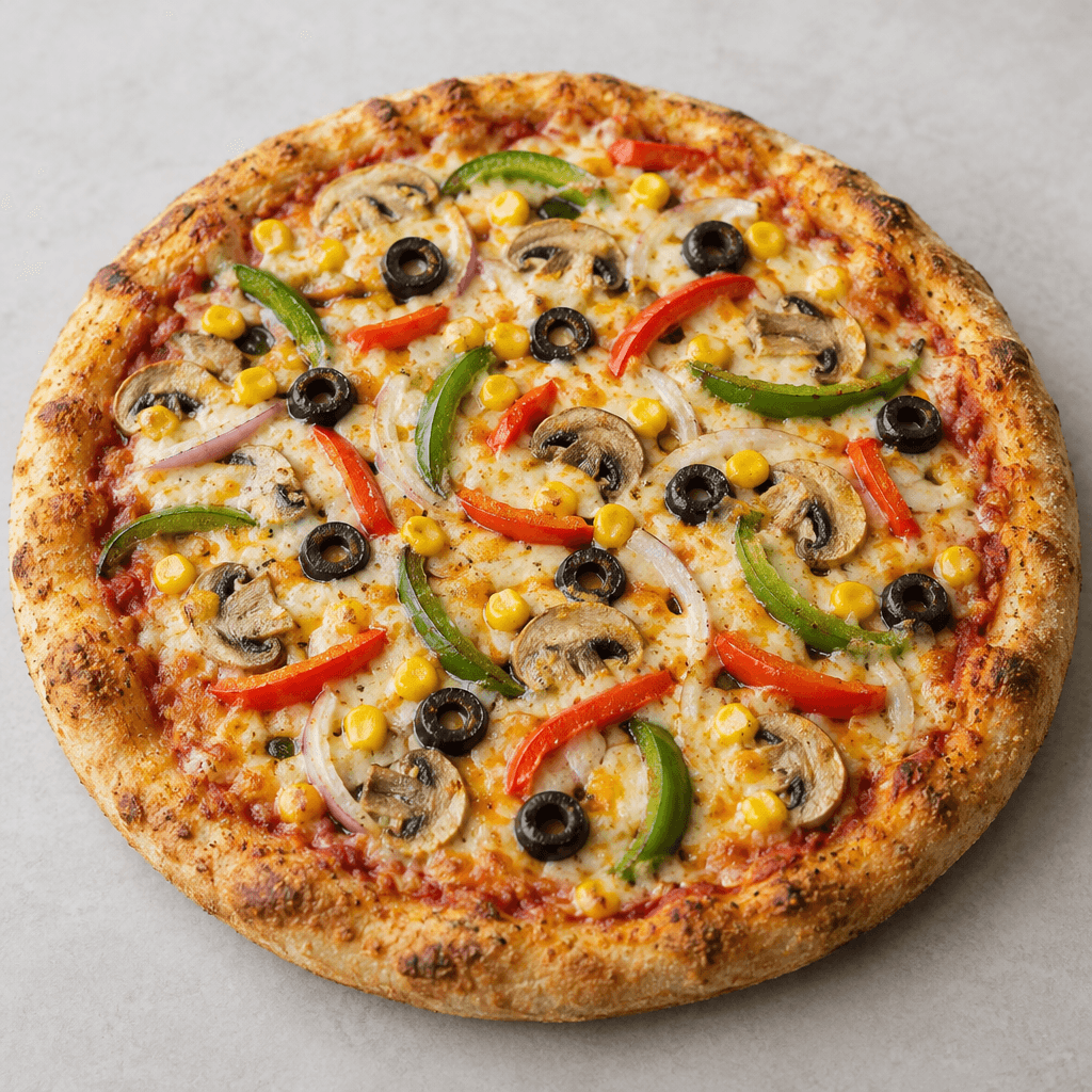 A round pizza with a browned, slightly raised crust, a thin layer of red tomato sauce, melted pale-golden cheese, and visible slices of green and red bell pepper, onion, mushrooms, black olives, and sweetcorn scattered across the surface.