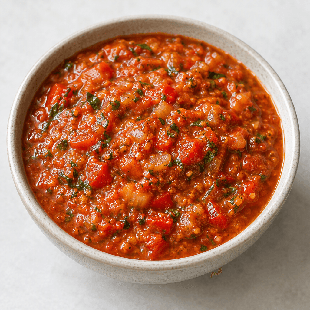 A thick, glossy red-orange sauce with finely chopped tomatoes, red peppers, onions, and green herbs visible throughout, served in a shallow bowl.