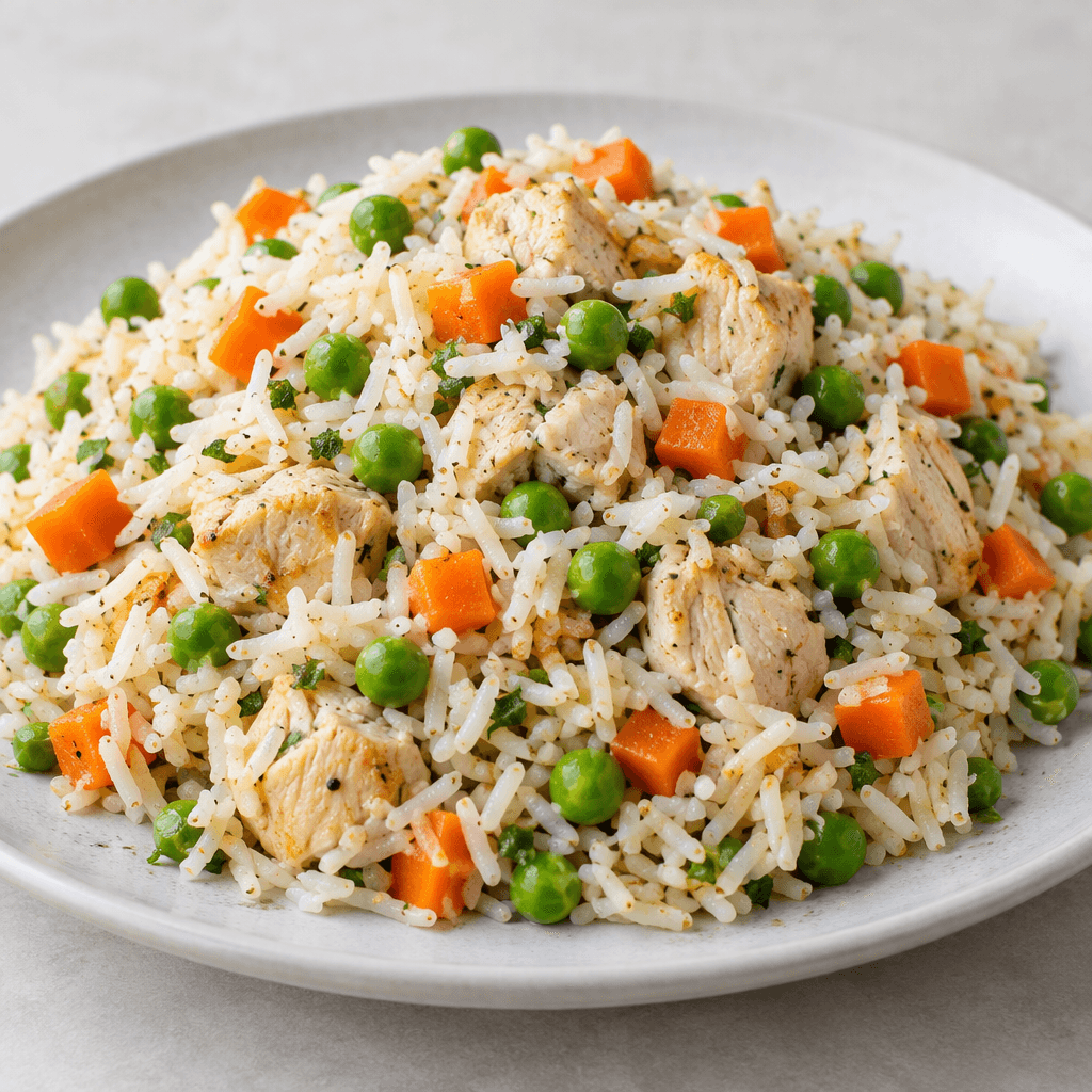 A mound of fluffy long-grain rice mixed with bite-sized pieces of chicken, orange carrot cubes, and bright green peas, served on a plate with the separate grains and colourful vegetables clearly visible.