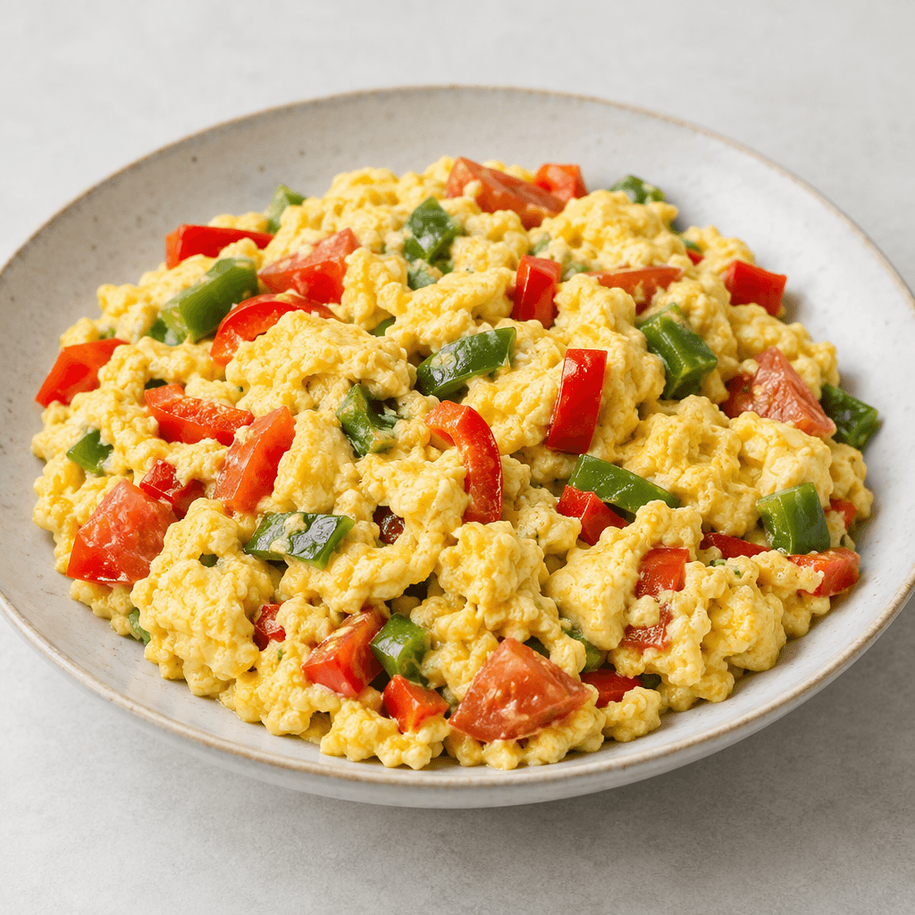 Soft yellow scrambled eggs mixed with visible pieces of red pepper, green pepper, and tomato, served in a shallow dish with the vegetables scattered throughout.