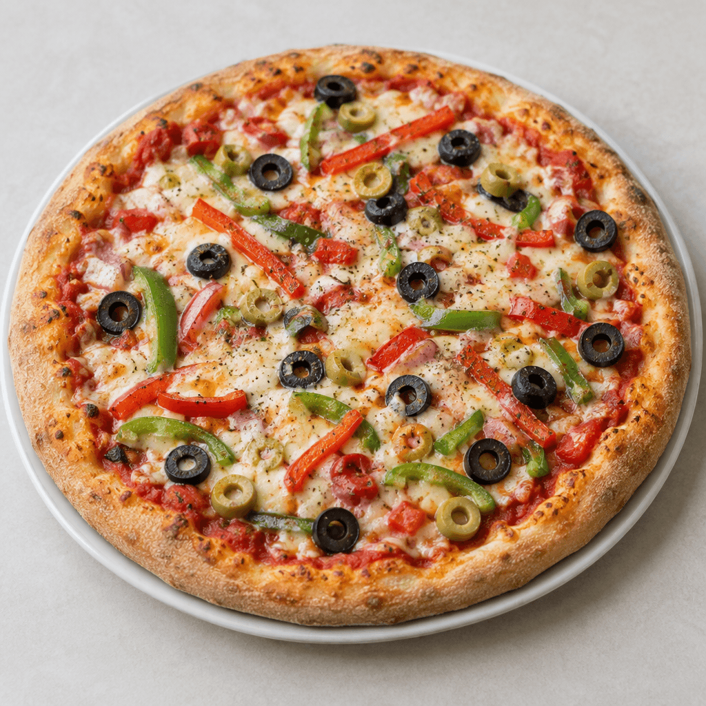 Düz bir tabakta servis edilen yuvarlak pizzanın altın kahverenginde kenarları, kırmızı domates sosu, erimiş açık renkli peyniri ve üzerine serpiştirilmiş yeşil-kırmızı sebze parçaları ile dilimlenmiş siyah ve yeşil zeytinleri görülür.