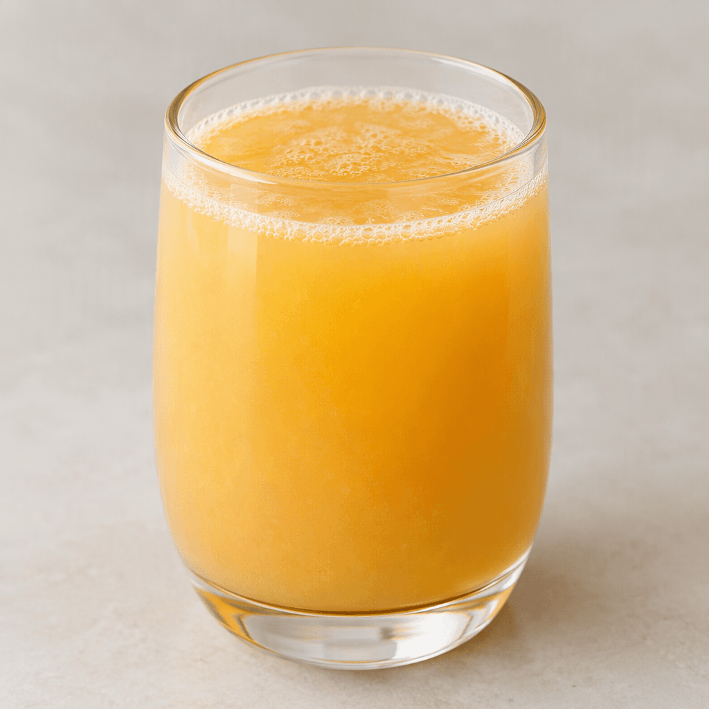 A pale golden-orange, slightly cloudy peach juice with a smooth liquid texture, served in a clear glass and topped with a thin layer of fine bubbles.