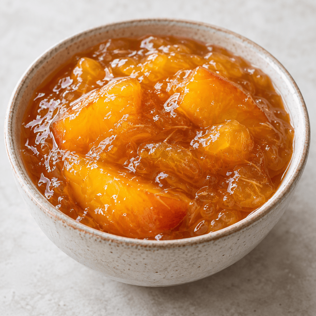 Thick, glossy peach preserve with soft golden-orange pieces and a few fine fibers sits in a small bowl, its surface slightly uneven and glistening.