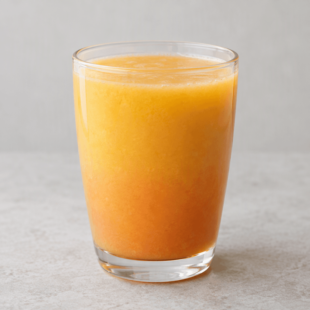 A cloudy peach-orange juice with a smooth, slightly thick texture, served in a clear glass and showing a soft gradient from pale yellow-orange to deeper peach near the bottom.