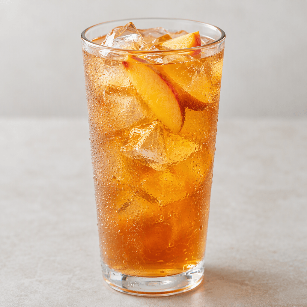A clear amber-gold iced tea with a soft peach-orange tint, served in a tall transparent glass filled with angular ice cubes, with a few thin peach slices visible near the surface and condensation on the outside.
