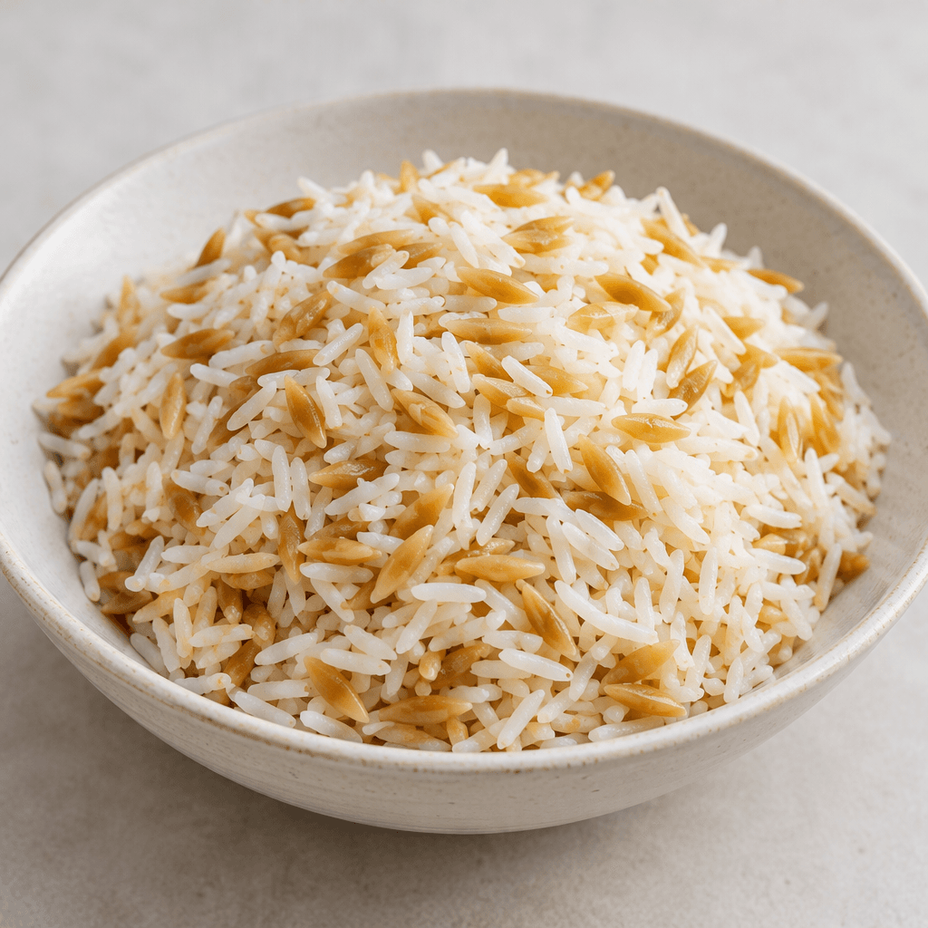 Fluffy, separate long grains of white basmati rice are mixed with short, slender pieces of lightly golden orzo and served in a simple mound on a plate or in a shallow bowl.