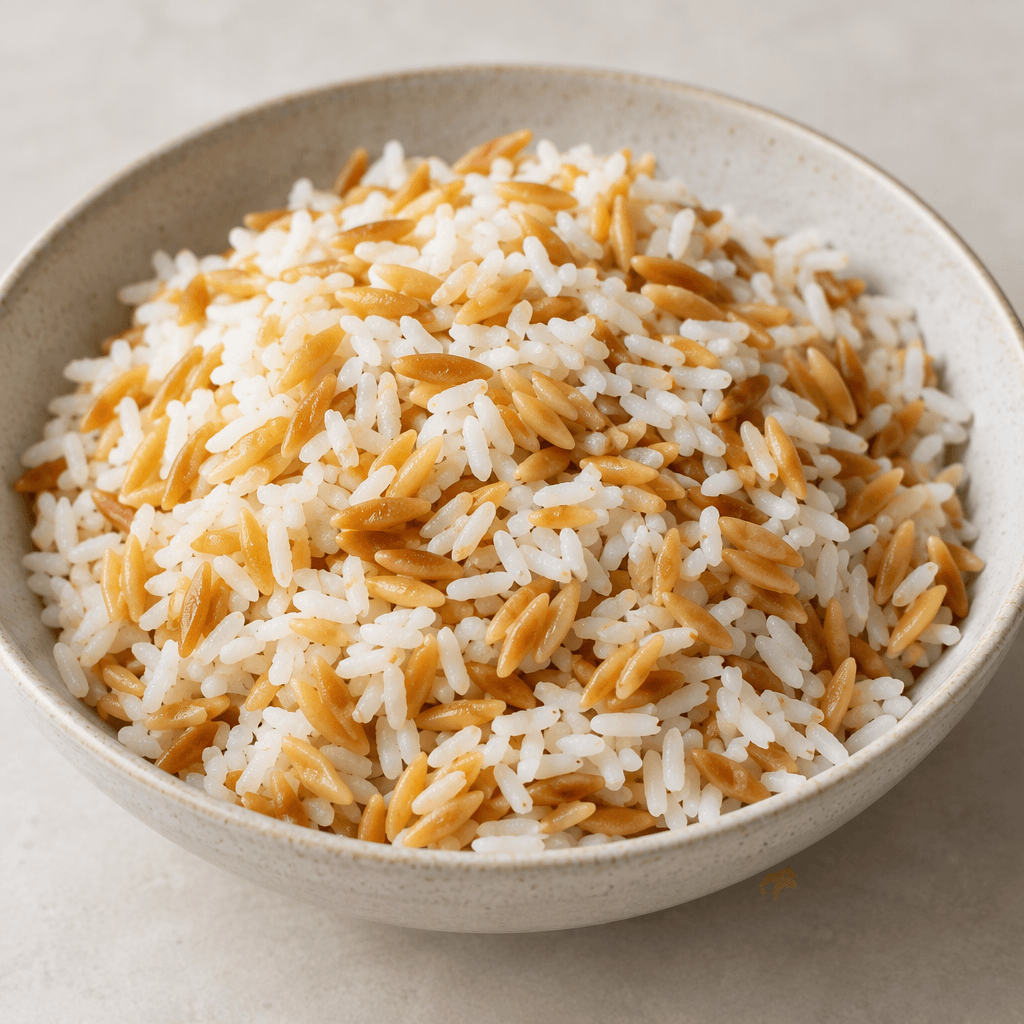 A mound of fluffy white rice mixed with short, slender golden-brown orzo pieces, with separate grains and pasta visible throughout, served in a shallow bowl.
