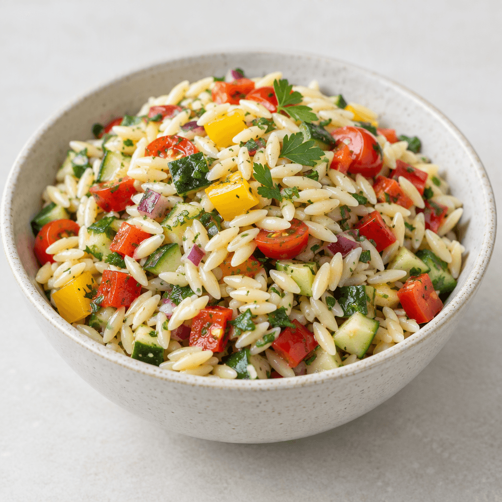 Pirinç tanesi biçimindeki küçük makarnalar, renkli doğranmış sebzeler ve yeşil ot parçalarıyla karıştırılmış, bir kâsede gevşekçe yığılmış salata olarak sunuluyor.