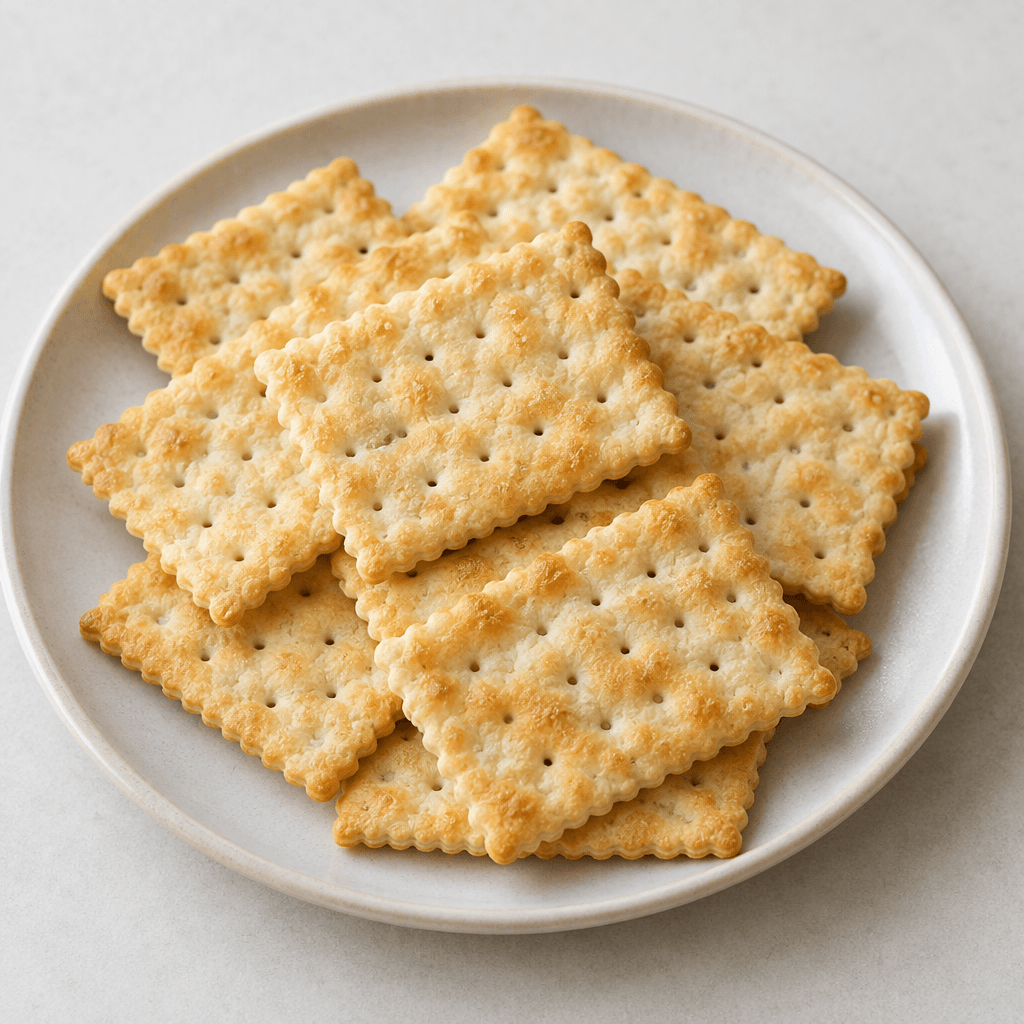 Thin, pale-golden rectangular crackers with gently scalloped edges, small evenly spaced holes, and a lightly blistered, crisp-looking surface are arranged on a plate.