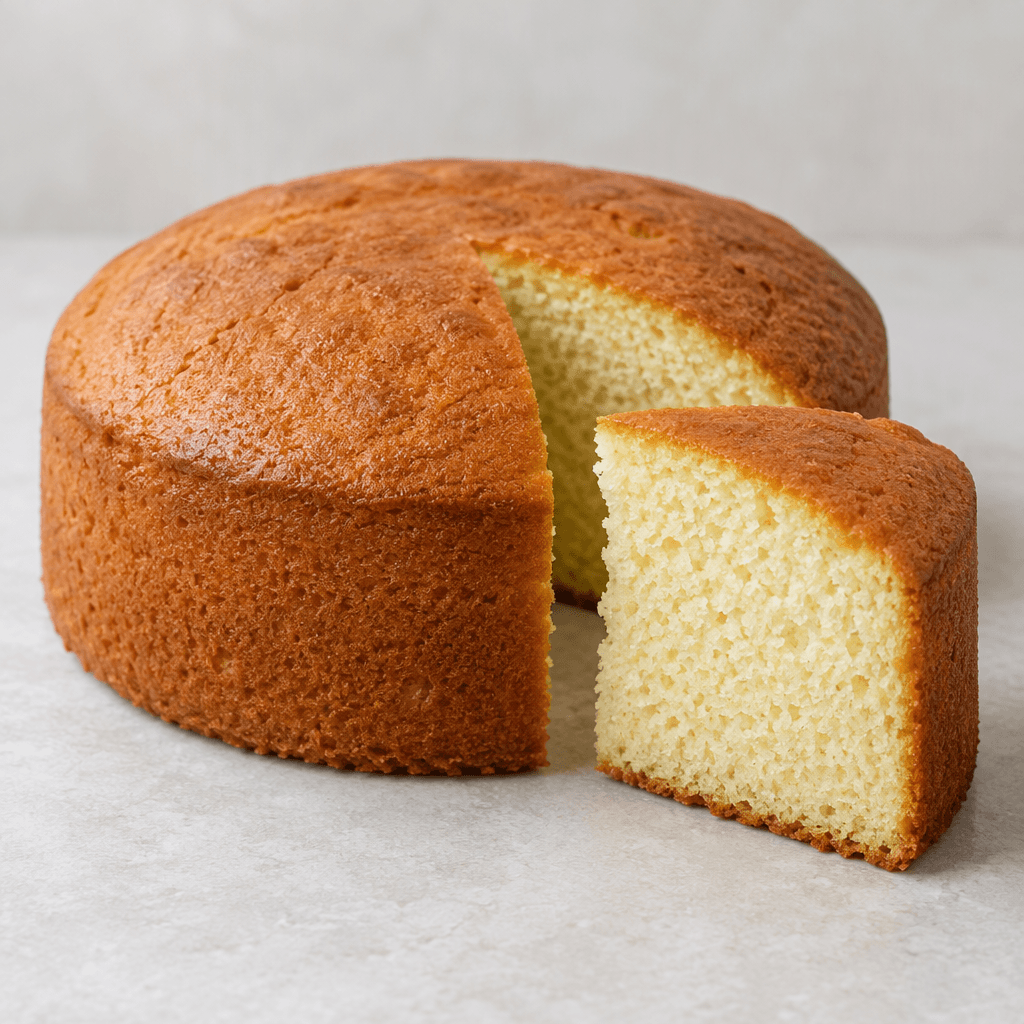 A plain, unfrosted cake with a lightly browned top and a soft, pale crumb, shown whole with a cut slice beside it.
