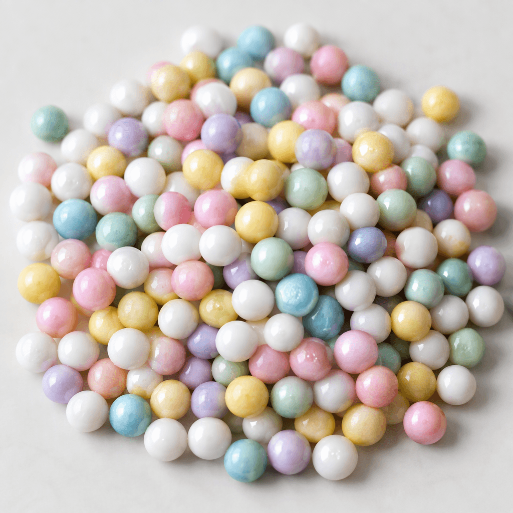 Beyaz ve yumuşak pastel tonlardaki küçük, pürüzsüz, parlak şeker boncukları bir arada serpiştirilmiş.