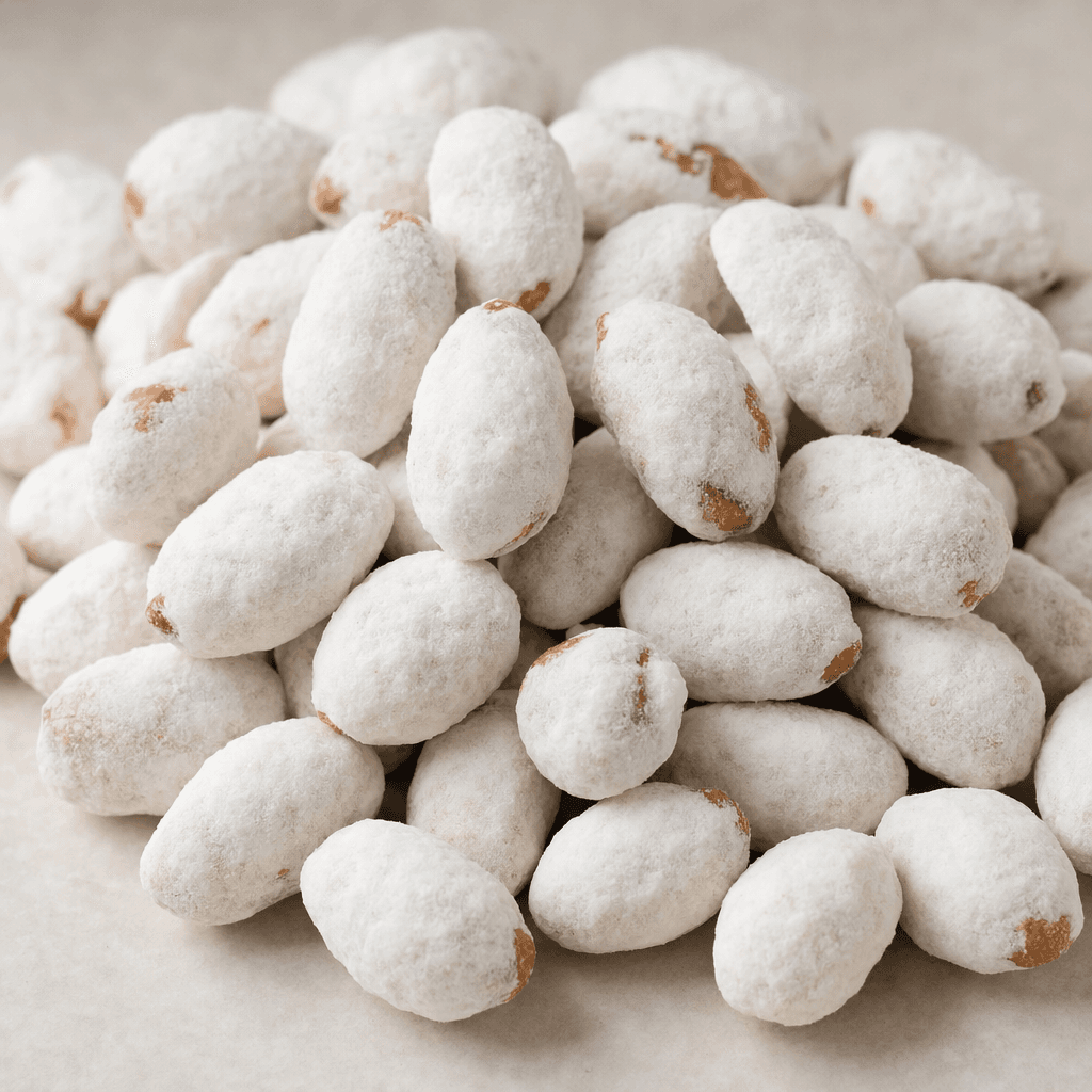 A small pile of oval peanuts covered in a thick, pale sugar shell, with a slightly uneven, matte-white surface and a few exposed brown edges.