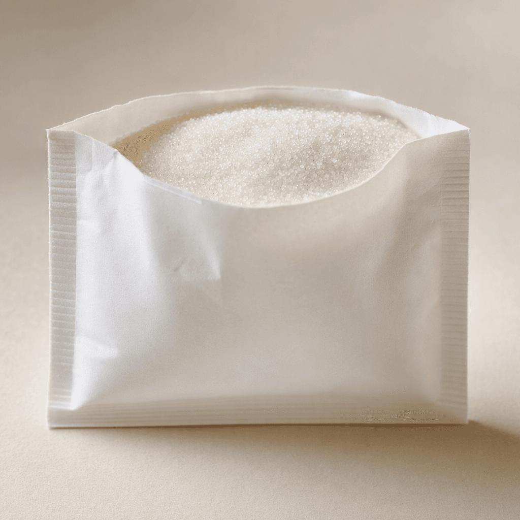 A small, flat rectangular white sachet with fine white granulated sugar visible through its open top.