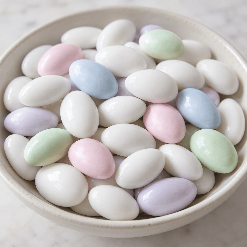 Oval almonds are coated in a thick, smooth, glossy shell of white sugar, with a few showing pale pastel colors, piled loosely on a plain serving dish.