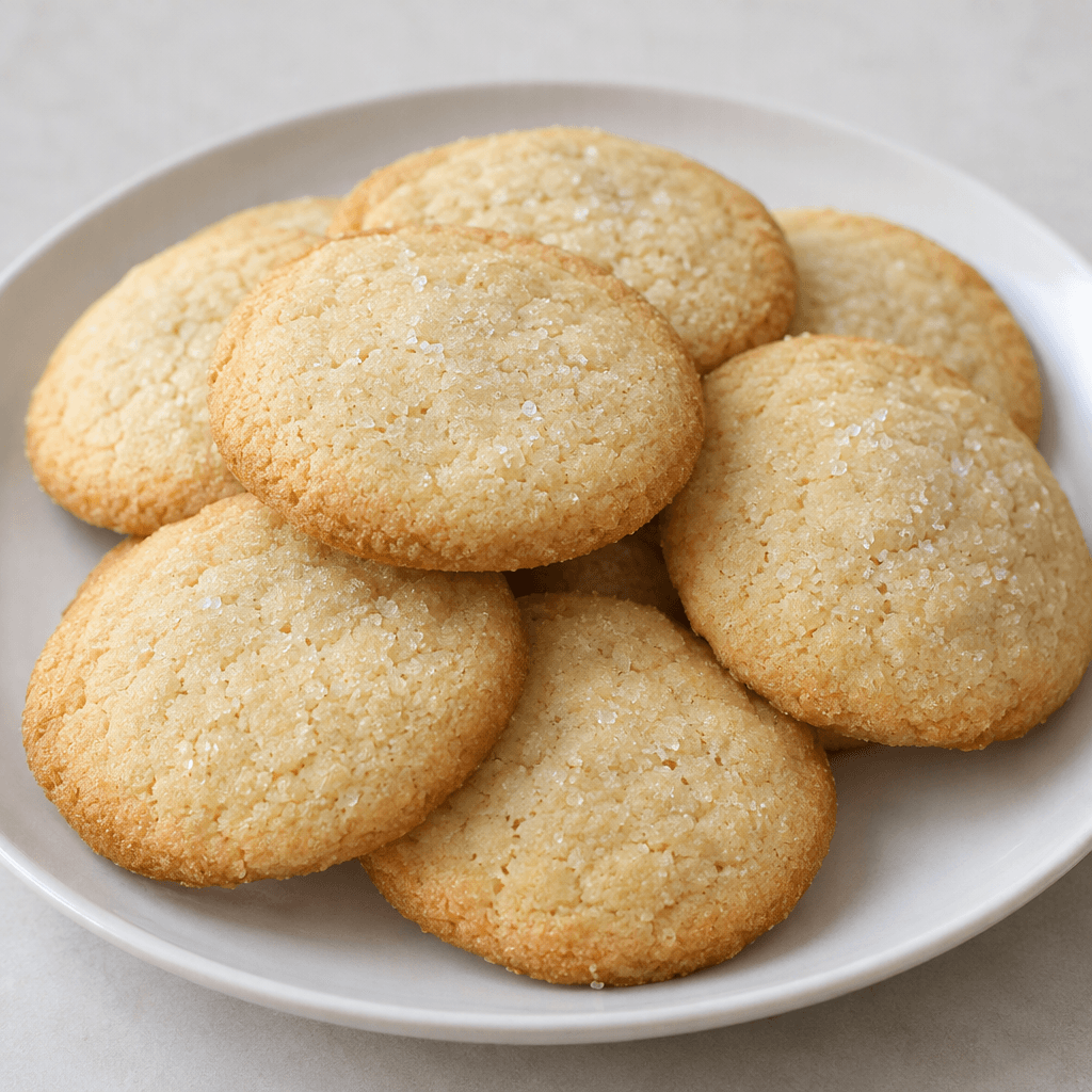 Round, pale golden cookies with smooth, slightly crumbly surfaces and gently browned edges, arranged on a plain plate with a few visible sugar crystals scattered on top.
