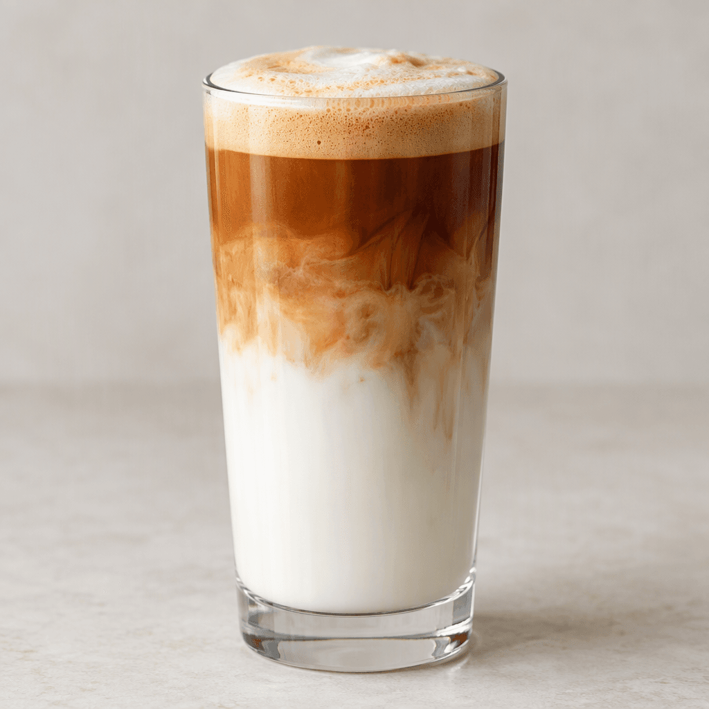 Uzun, şeffaf bir bardakta açık renkli süt, üzerindeki karamel kahverengisi espresso tabakasına doğru yumuşak geçişler oluşturur; üstünde ince, köpüklü bir katman bulunur.