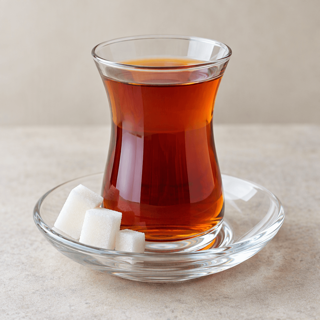 A small transparent tulip-shaped glass holds clear reddish-amber tea, with a few white sugar cubes arranged on the saucer beside it.