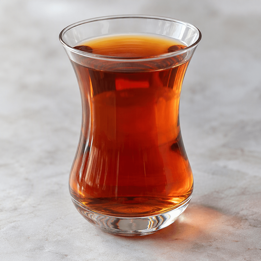 Şeffaf, ince belli küçük bir bardakta kızıl kehribar renkli çay görülüyor; şeker görünmüyor.