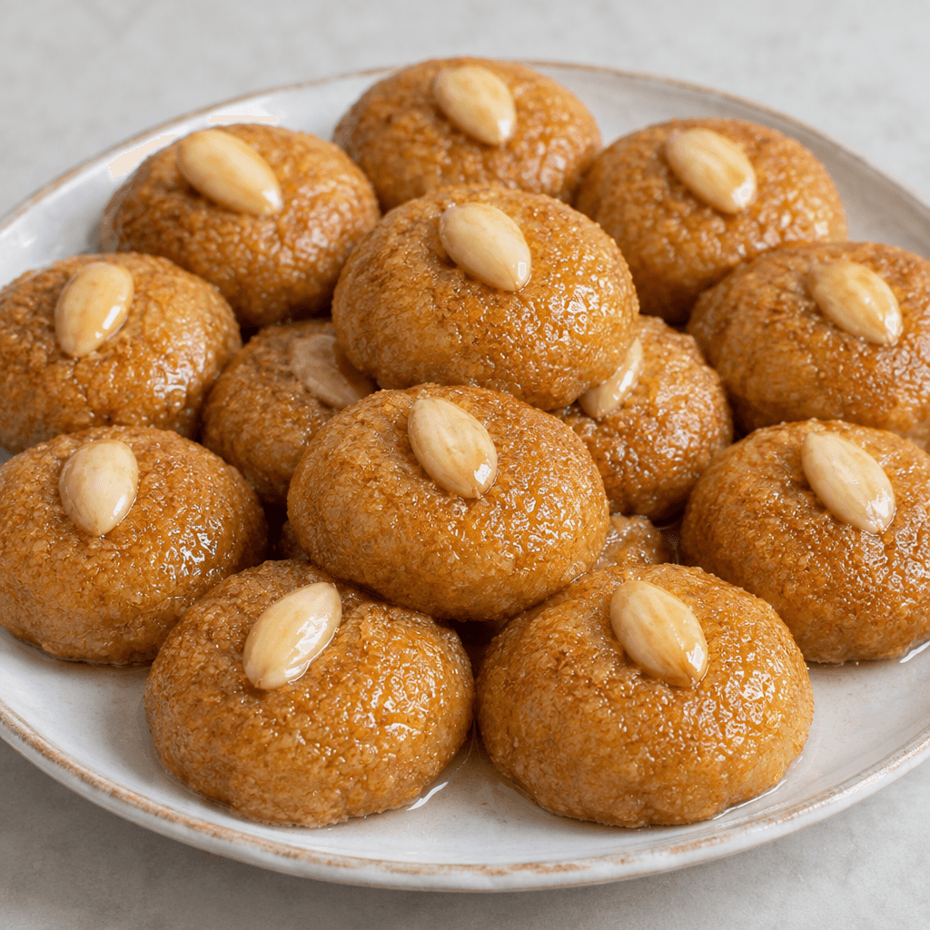 Small, round, golden-brown semolina cookies with a slightly domed surface, each topped with a single blanched almond, glistening with clear syrup and arranged closely on a serving plate.