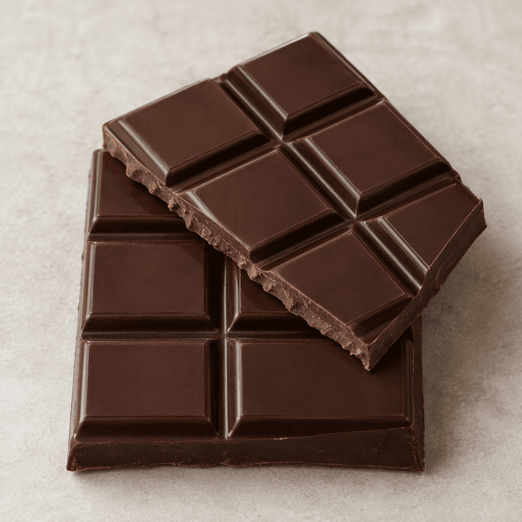 A dark-brown chocolate bar broken into neat rectangular segments, with a smooth, slightly glossy surface and clean edges.