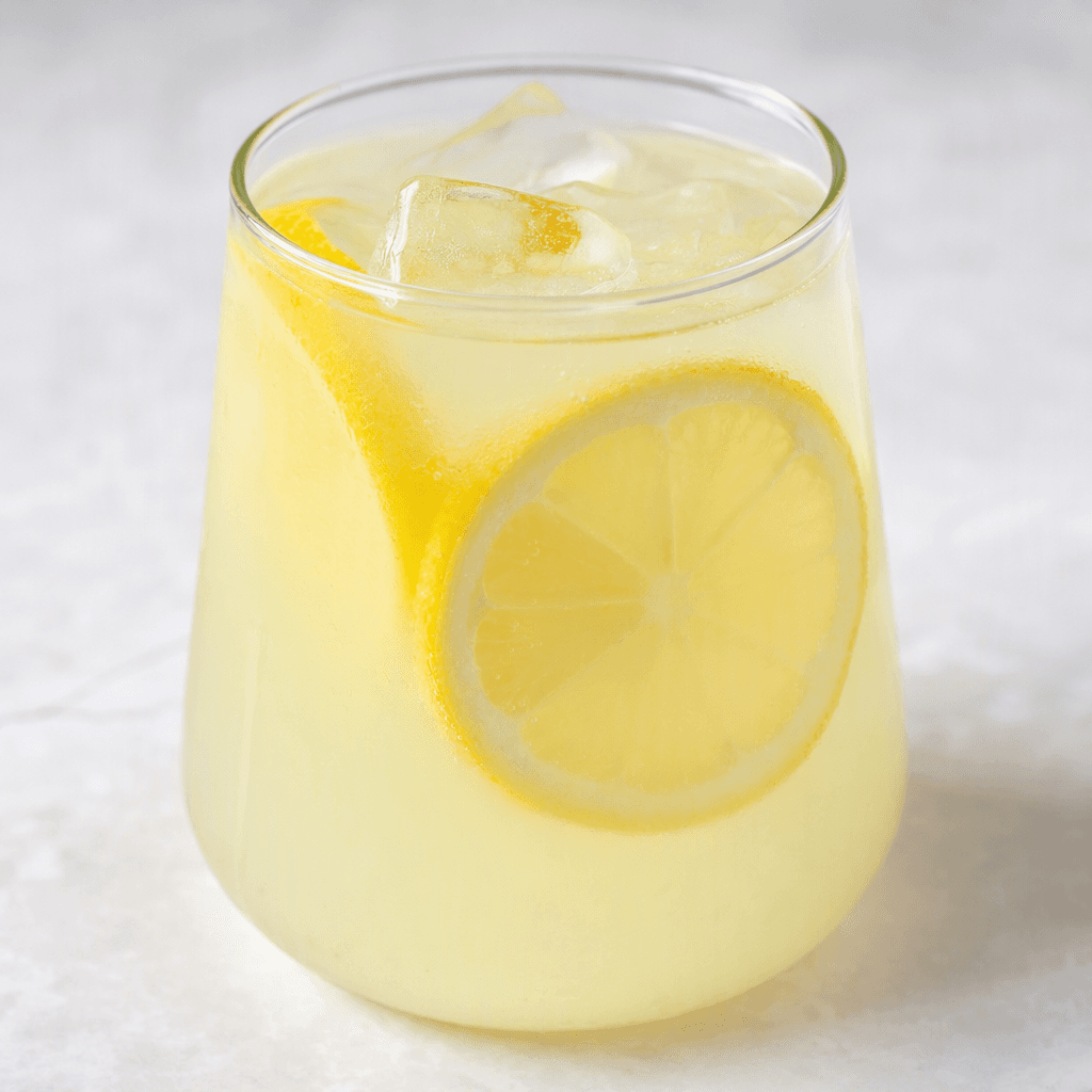 Pale yellow, slightly cloudy lemonade sits in a clear glass with ice cubes and thin lemon slices visible through the drink.