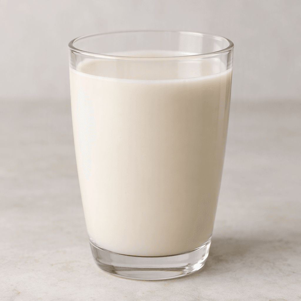 A smooth, pale beige plant-based milk with a thin, creamy appearance, shown as a uniform liquid in a clear glass.