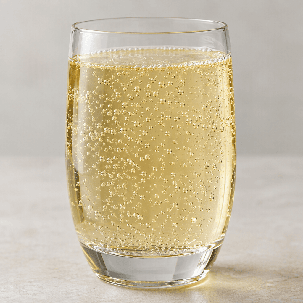 A clear, lightly straw-tinted fizzy drink sits in a glass, with fine bubbles rising through it.