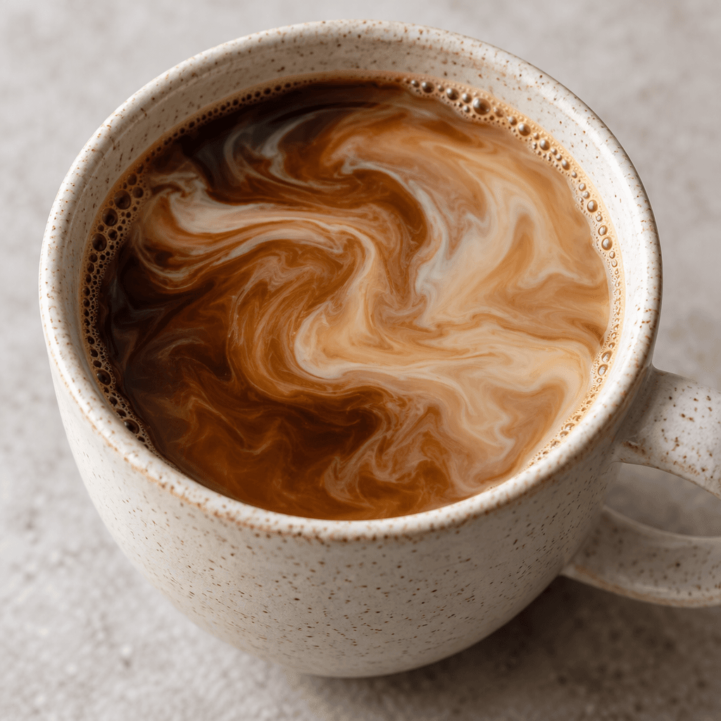 Dark coffee in a cup is streaked with pale coconut milk, forming soft cream-colored swirls and a smooth light-brown surface.