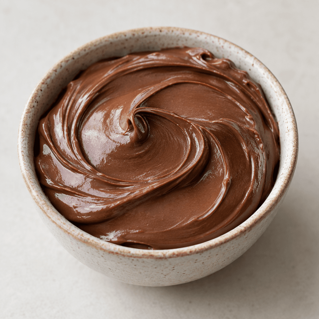 A thick, smooth, glossy dark-brown cocoa-hazelnut spread sits in a small bowl, with a creamy texture and gently swirled surface.