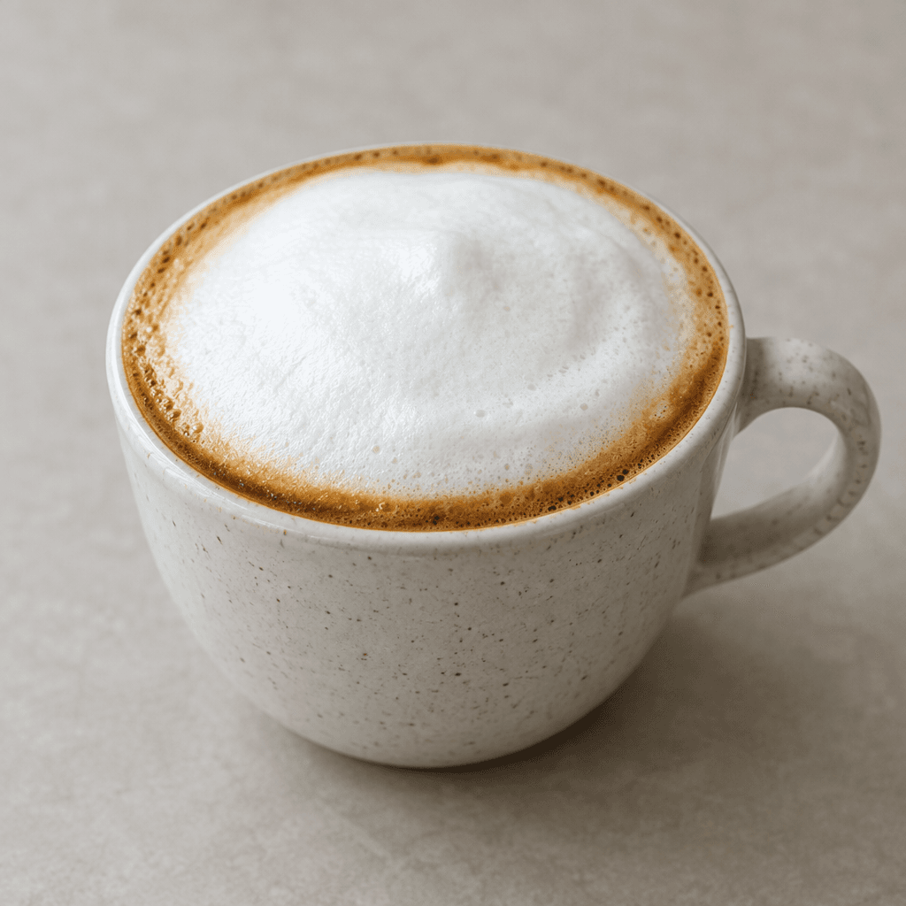 A cappuccino in a small ceramic cup, with a dark coffee layer beneath thick, pale milk foam and a light brown crema ring at the edge.