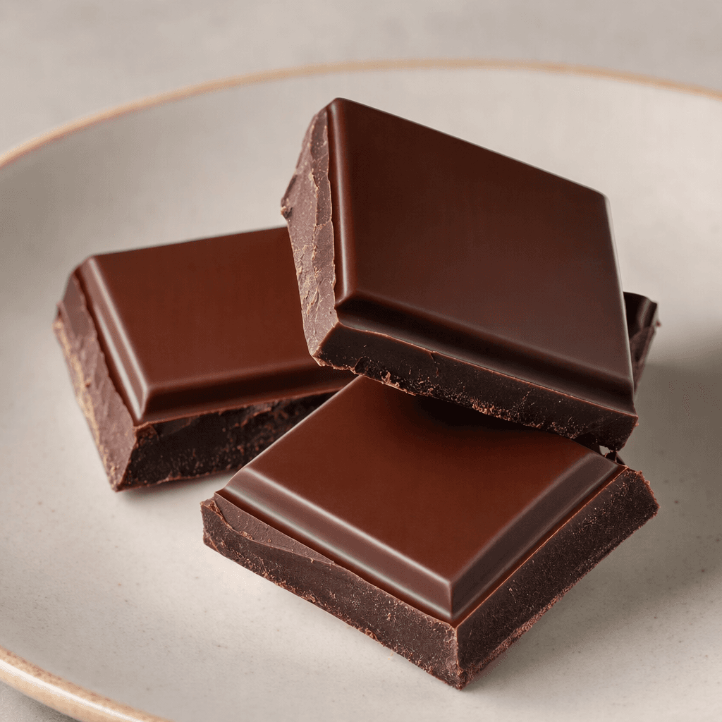 A few smooth, dark-brown chocolate pieces with a slight sheen, arranged on a plain plate.