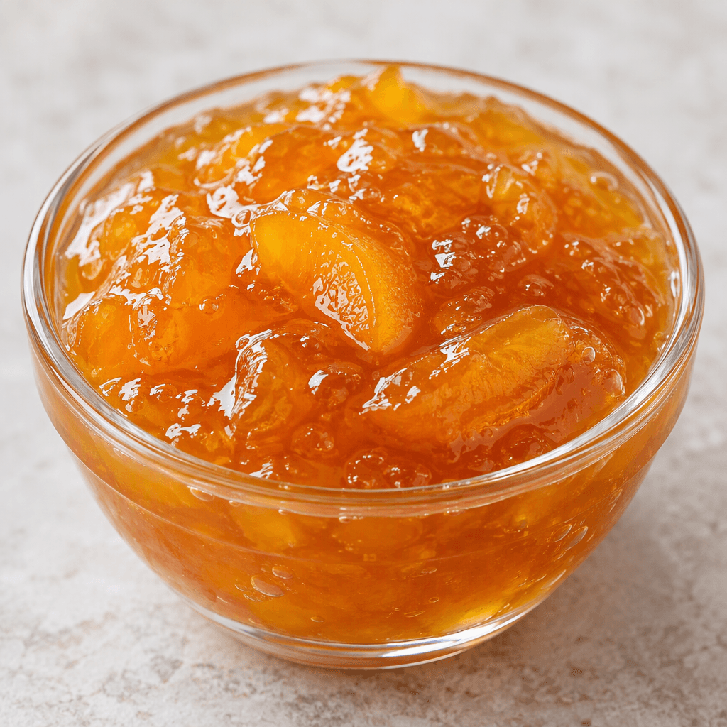 Glossy golden-orange apricot jam with soft, translucent fruit pieces sits in a small glass dish.