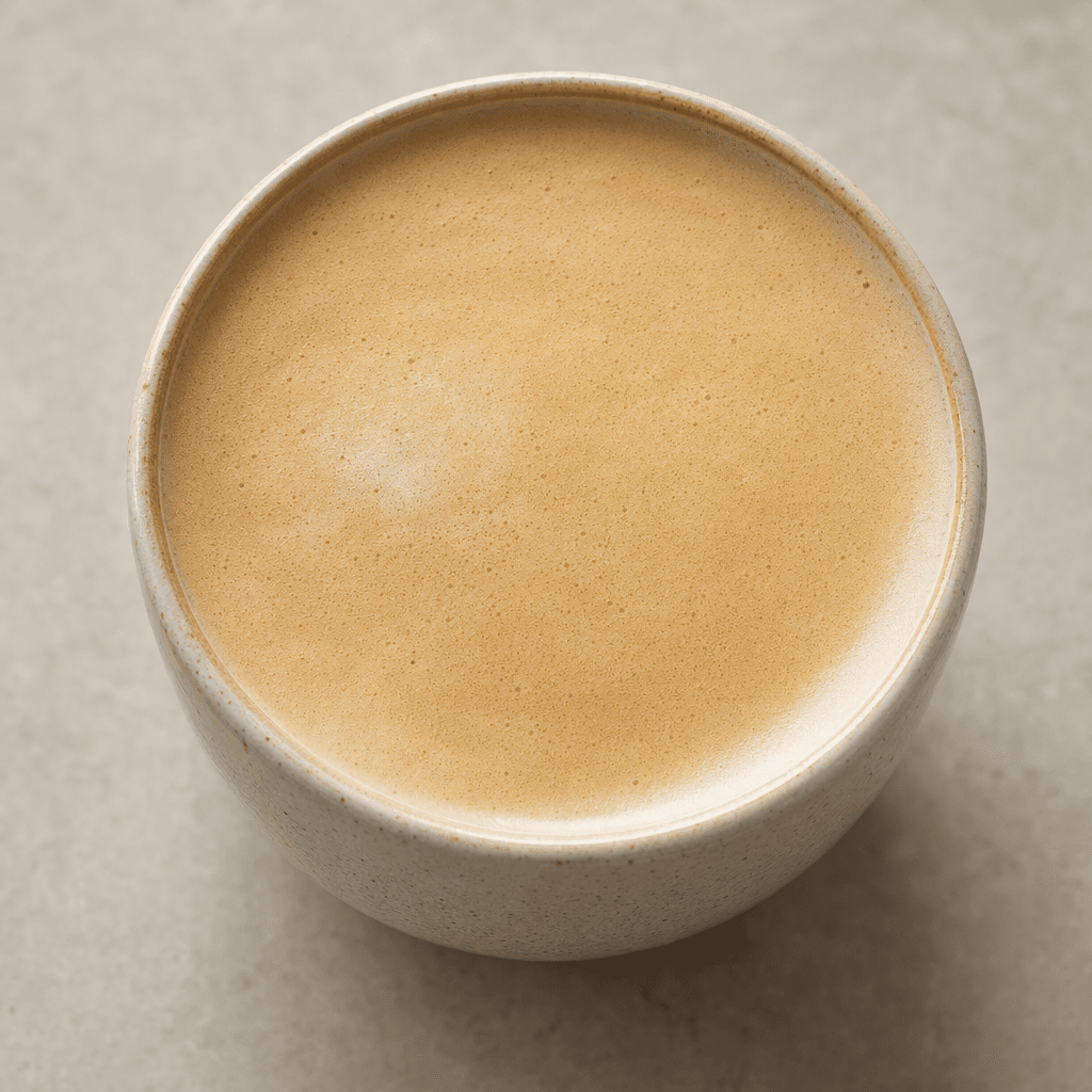 A smooth, pale tan latte fills a cup, topped with a thin layer of creamy foam.
