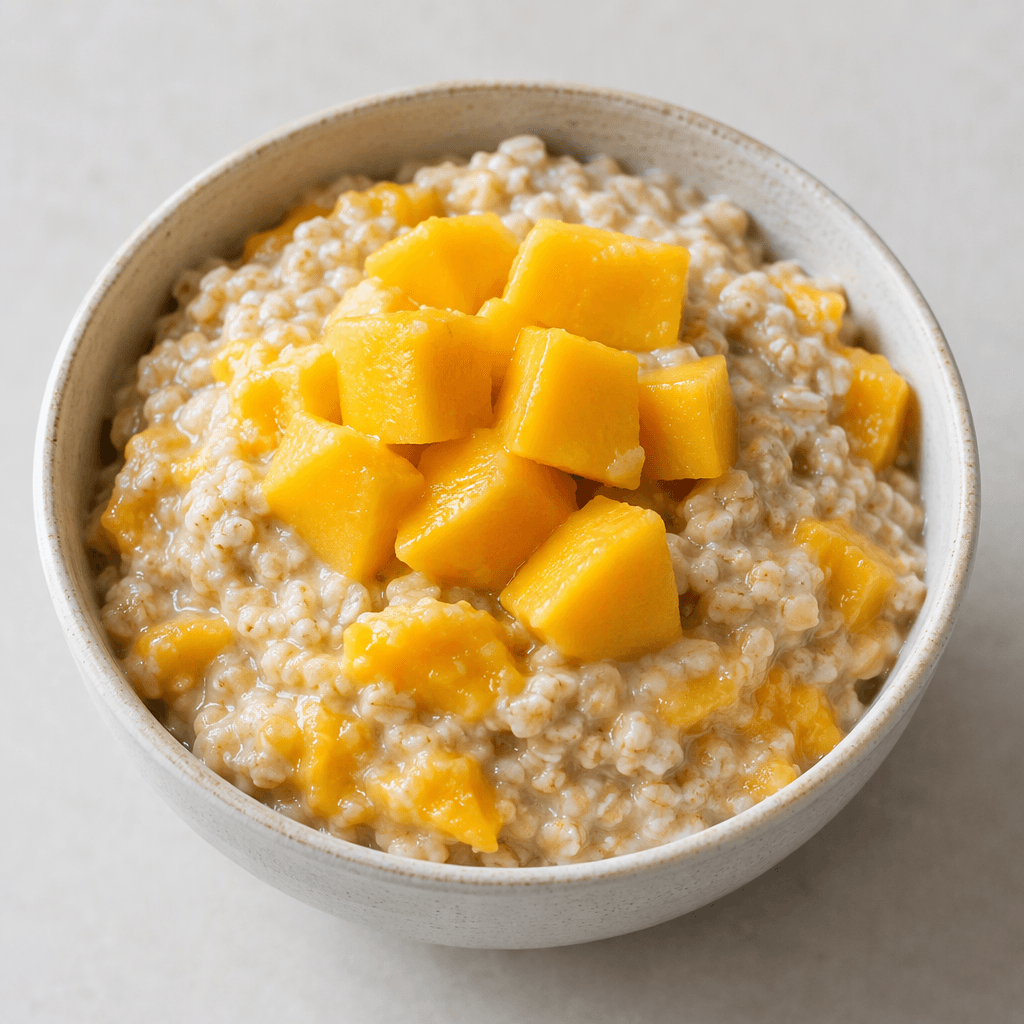 A bowl of creamy beige oats topped with bright yellow-orange mango cubes and a few soft pieces mixed through.