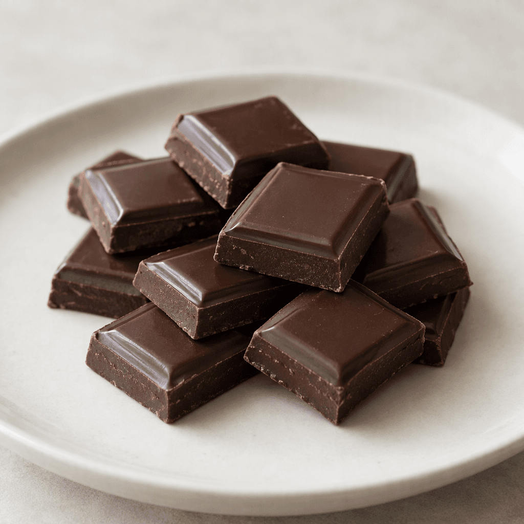 Small, dark-brown chocolate pieces with smooth, slightly glossy surfaces are arranged in a neat cluster on a plain plate.