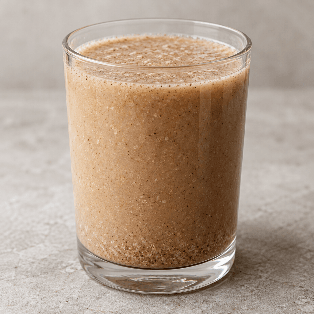 An opaque, unsweetened beige-brown drink sits in a plain glass, with a slightly grainy surface and fine sediment visible at the bottom.