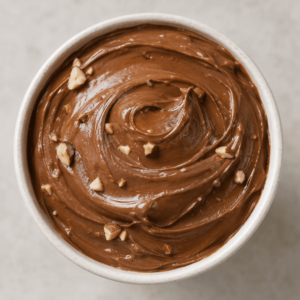 A thick, smooth, glossy medium-brown hazelnut spread sits in a soft swirl, with a few small hazelnut pieces visible on its surface.