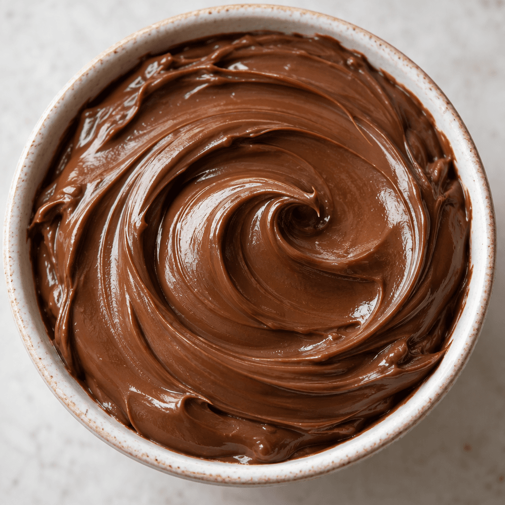 A thick, smooth, glossy dark-brown hazelnut spread with soft swirls and a creamy, uniform texture.