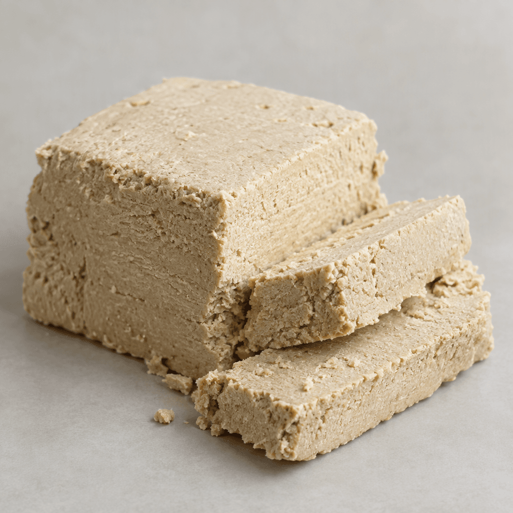 A pale beige, dense halva sits in a simple block with a slightly grainy, crumbly surface and a few clean-cut pieces beside it.