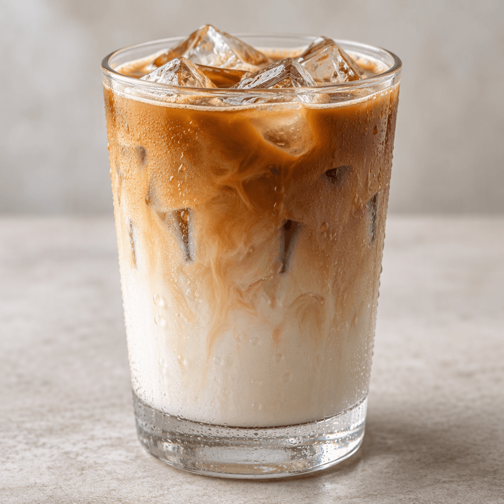 A chilled latte fills a clear glass with pale creamy milk blending into a deeper coffee-brown layer, visible ice cubes, and light condensation on the outside.