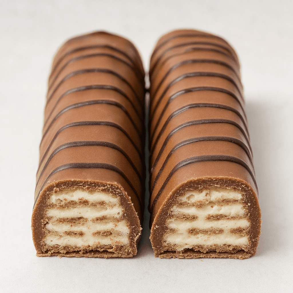 Two slender, ridged wafer fingers coated in smooth milk chocolate sit side by side, with thin dark-chocolate lines across the top and a pale creamy filling visible at the cut ends.