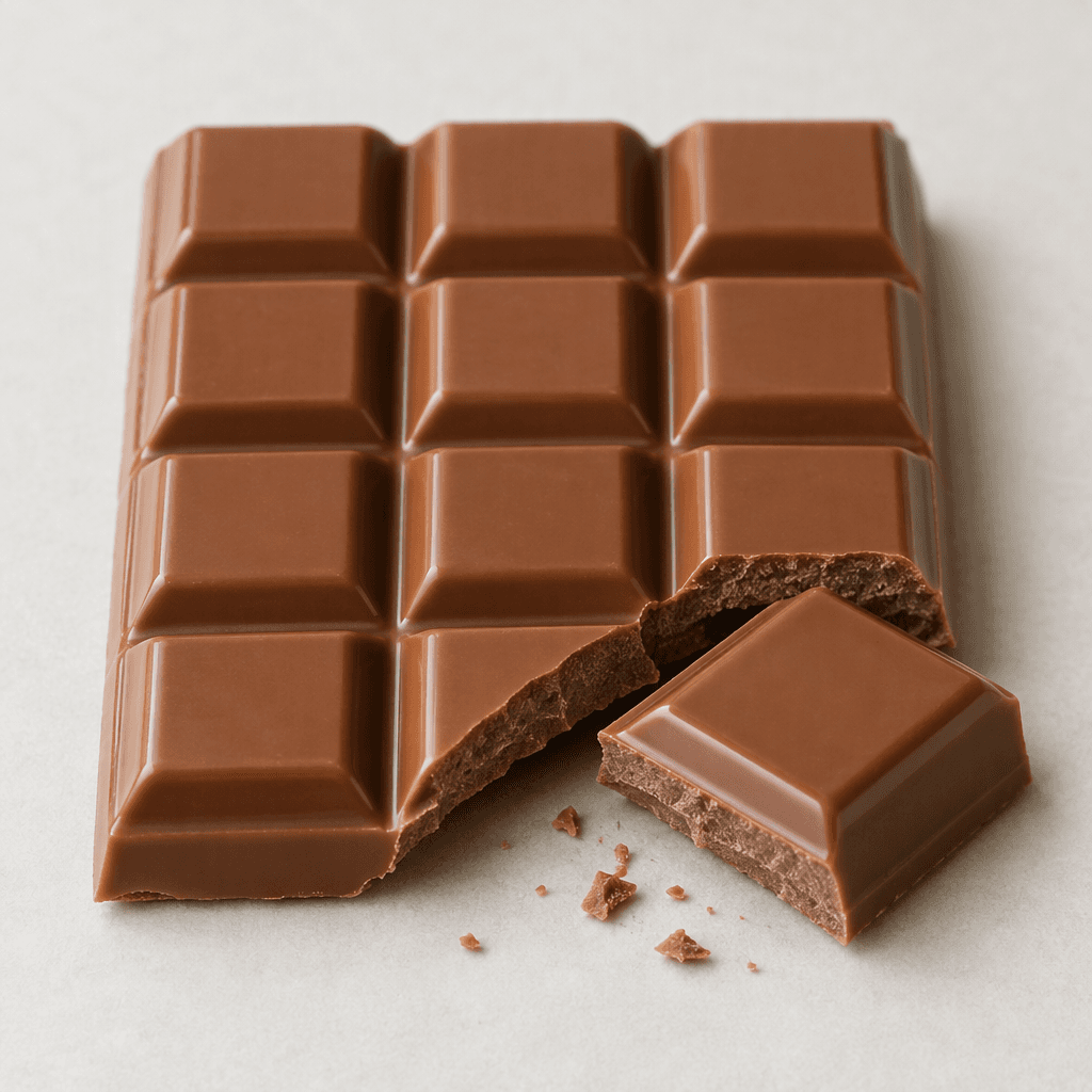 A smooth, glossy milk-chocolate bar in a warm light-brown colour, divided into neat rectangular squares with clean edges and a firm, slightly matte underside visible where a piece is broken away, resting on a plain surface.