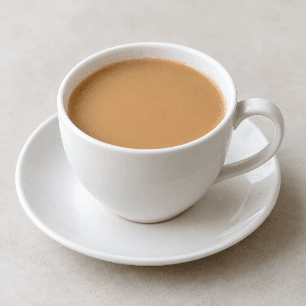 A cup filled with smooth, opaque light tan coffee mixed with milk, with a flat surface and no visible sugar or garnish, sits on a plain saucer.