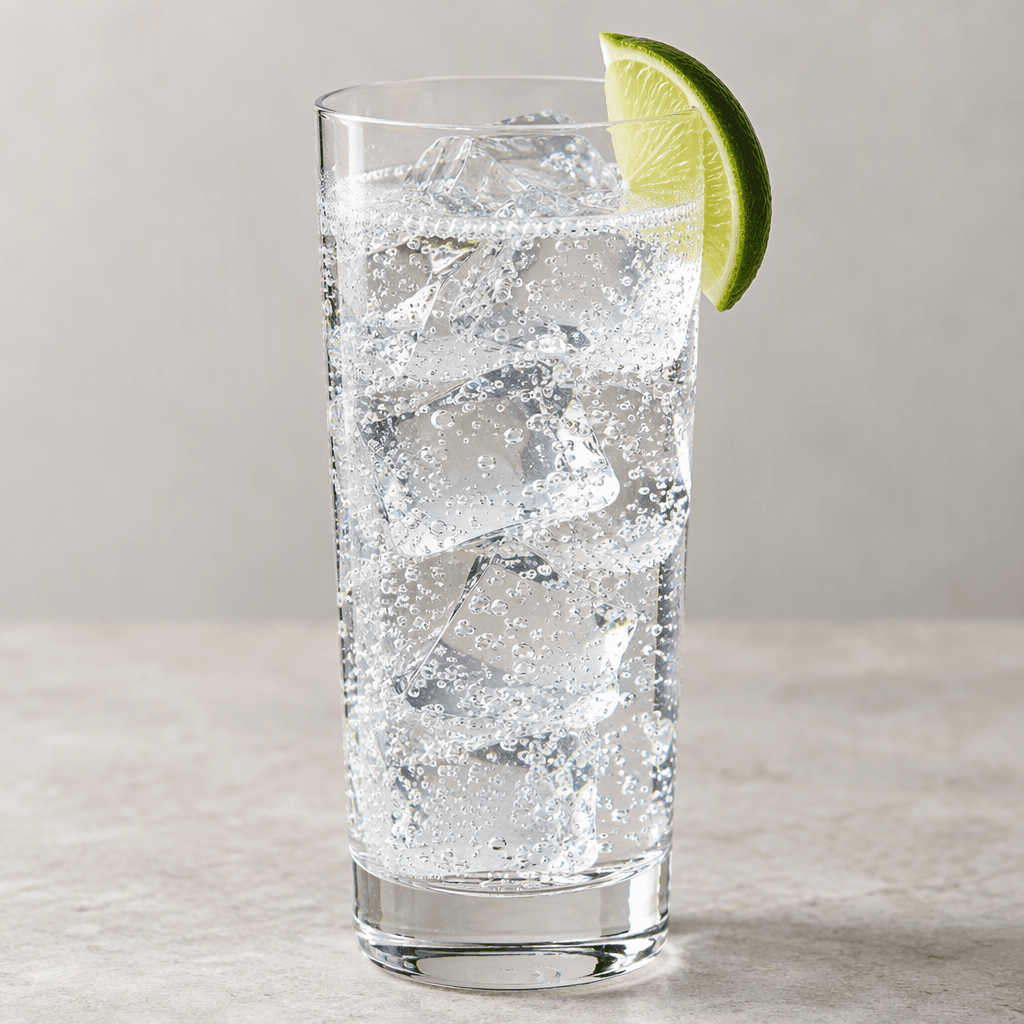 Clear, colourless and effervescent tonic water fills a tall transparent glass over angular ice cubes, with fine bubbles rising through the liquid and a lime wedge on the rim.