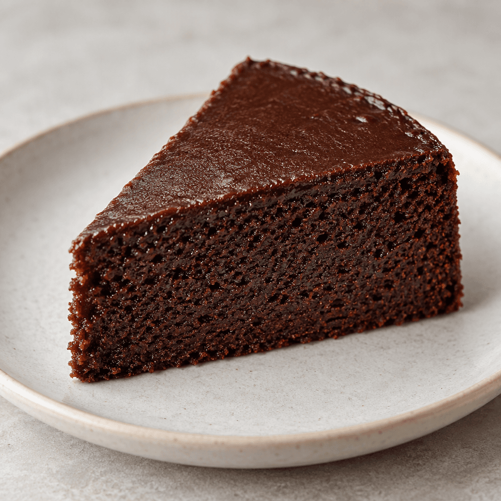 A small, round, dark-brown cake with a smooth, slightly glossy top and a dense, fine-textured interior, served in a wedge on a plate.