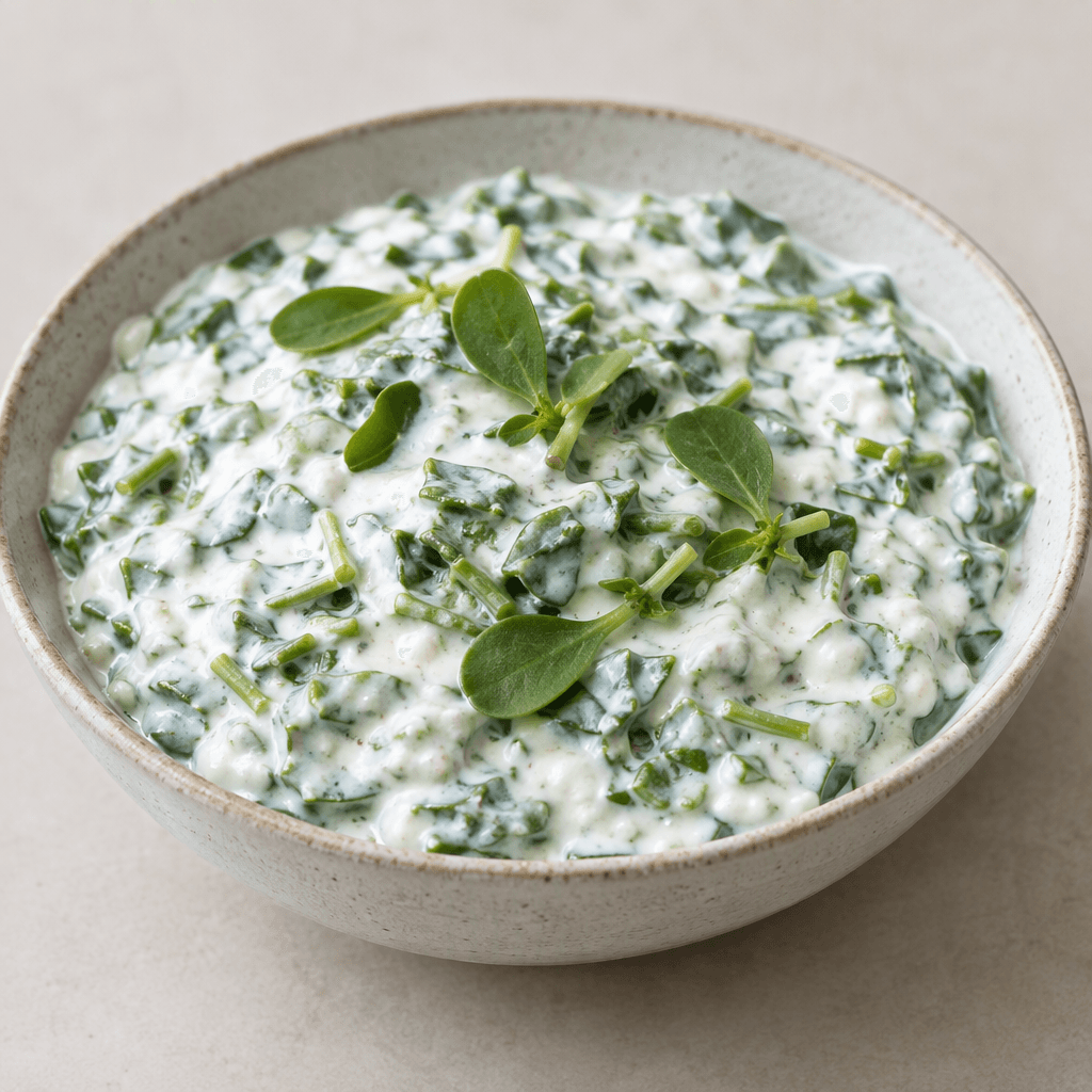 A thick, creamy white yogurt mixture flecked with chopped green purslane leaves and stems, served in a shallow bowl with a few leaves visible on top.