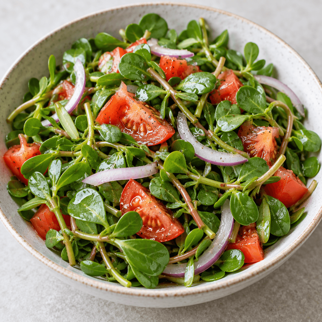 Bright green purslane leaves and slender stems are mixed with juicy red tomato pieces and thin pale-purple onion slices in a shallow serving bowl.