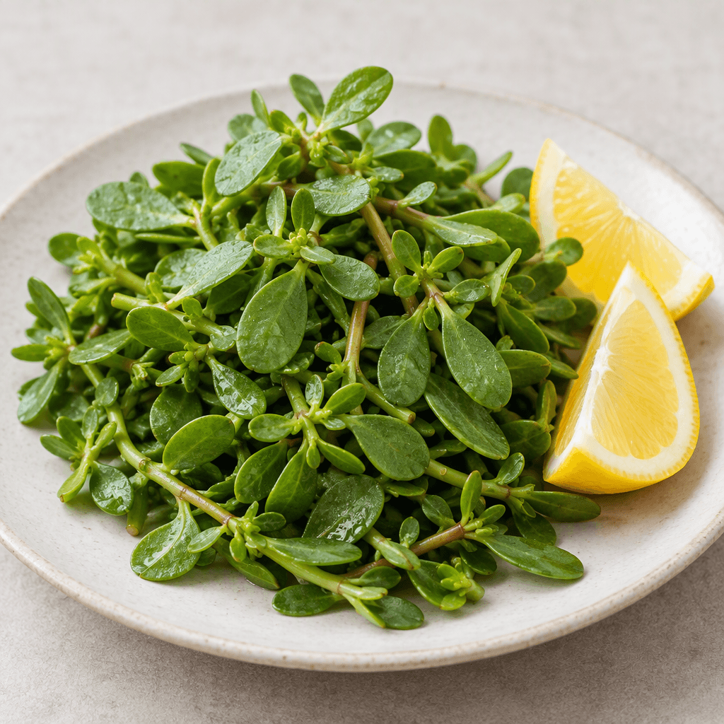 A small mound of bright green purslane with fleshy oval leaves and slender stems is served on a plate beside pale yellow lemon wedges.