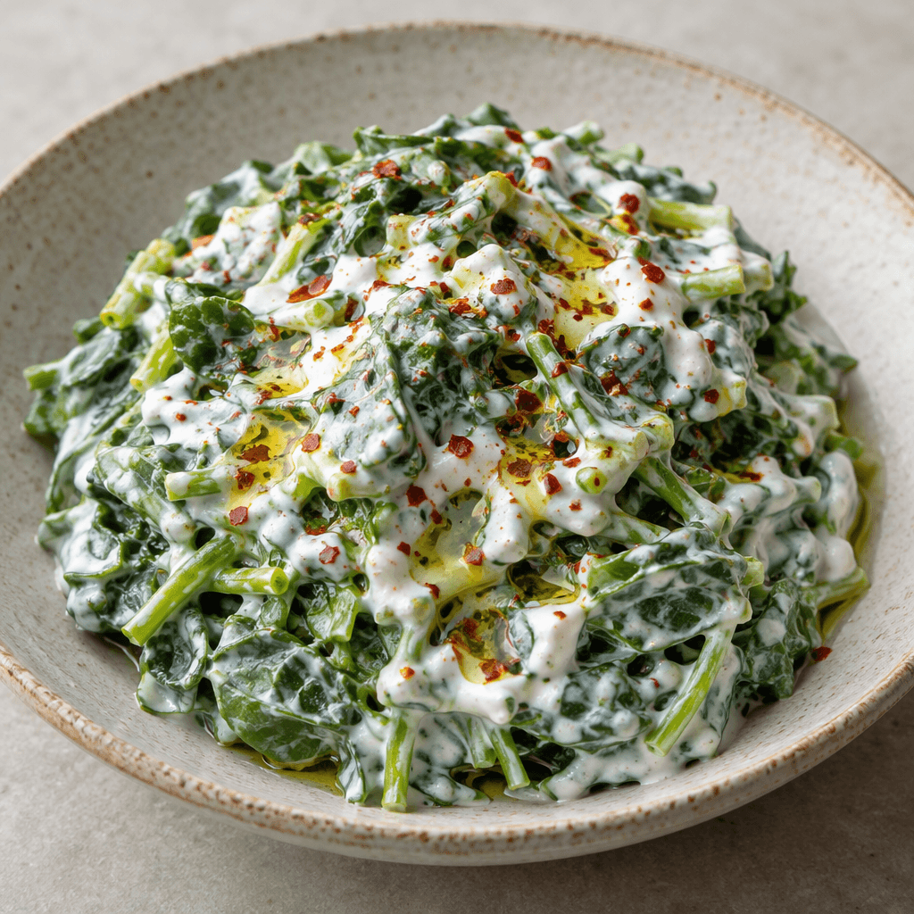 A rustic mound of chopped bright-green purslane leaves and tender stems is coated in thick white yogurt and served in a shallow dish, with a glossy drizzle of olive oil and a light sprinkling of red pepper flakes on top.